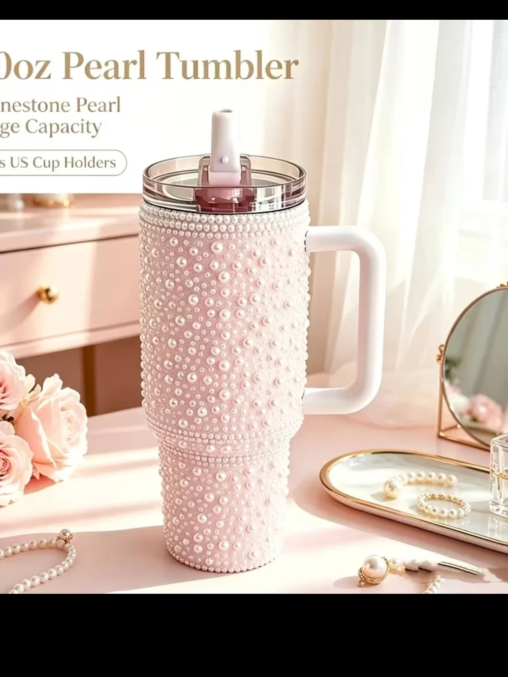 Pearl Rhinestone 40oz Tumbler with Handle - Pink and White